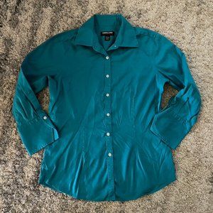 Teal Green Collared Button Fitted Blouse Shirt